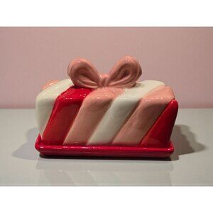 New Christmas Holiday Peppermint Twist W/ Bow Pink / Red Holiday Butter Dish